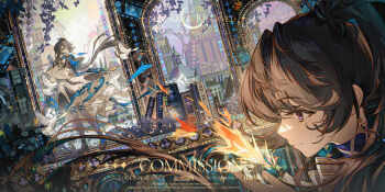 1girl absurdres asymmetrical_legwear bird book brown_hair building capelet closed_mouth commission dove dress earrings expressionless eyelashes floating_hair full_body green_eyes hair_intakes heterochromia highres holding holding_book jewelry long_hair long_sleeves mihuashi_commission mismatched_legwear multiple_views original purple_eyes watermark white_bird wind yan_zi_yao_yu