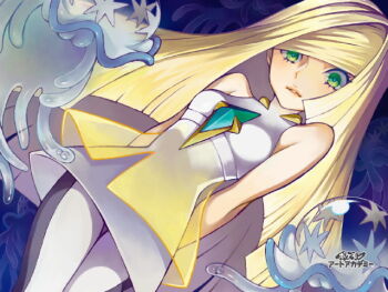 1girl aqua_gem arms_behind_back art_academy_(medium) bare_shoulders blonde_hair blunt_ends breasts chest_jewel commentary_request dress eyelashes gem gen_7_pokemon green_eyes jellyfish long_hair lusamine_(pokemon) nihilego nintendo parted_lips pokemon pokemon_(creature) pokemon_sm saikachi_(ogre_tree) short_dress sleeveless sleeveless_dress small_breasts thigh_gap ultra_beast