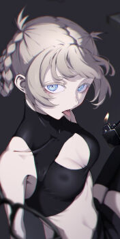 1girl bare_shoulders black_shorts black_thighhighs blue_eyes blurry_edges braid braided_hair_rings breasts cleavage_cutout clothing_cutout collarbone covered_collarbone crop_top dora_ra207 fang floating_hair from_above glasses grey_background grey_hair hair_rings highres lighter looking_at_viewer nanakusa_nazuna_(yofukashi_no_uta) open_mouth ringed_eyes shorts sitting skin_fang skinny small_breasts solo stomach thighhighs tongue tongue_out twisted_torso unworn_eyewear yofukashi_no_uta zippo_lighter