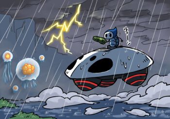 arm_cannon cloud cloudy_sky floating fuifui gun holding holding_gun holding_weapon hollow_knight jellyfish lightning metroid nintendo ooma_(hollow_knight) outdoors parody quirrel rain samus's_gunship sky storm_cloud super_metroid translation_request ufo uoma_(hollow_knight) uumuu_(hollow_knight) weapon wet