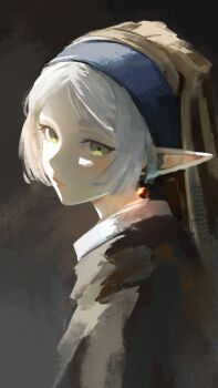 1girl absurdres artist_name black_background blue_headscarf commentary doremy dress earrings elf english_commentary fine_art_parody frieren from_side girl_with_a_pearl_earring green_eyes headscarf highres jewelry long_hair long_pointy_ears looking_at_viewer parody parted_bangs parted_lips pearl_earrings pointy_ears red_lips short_eyebrows sidelocks simple_background solo sousou_no_frieren thick_eyebrows turning_head upper_body white_hair yellow_dress yellow_headscarf
