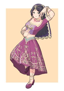 Rule 34 | 1girl, absurdres, arm tattoo, arm up, black hair, blue eyes, bracelet, breasts, cleavage, clothing request, commentary request, earrings, highres, idolmaster, idolmaster cinderella girls, jewelry, midriff, noe aoikaba, print skirt, ring, simple background, skirt, smile, solo, standing, standing on one leg, sugisaka umi, tattoo