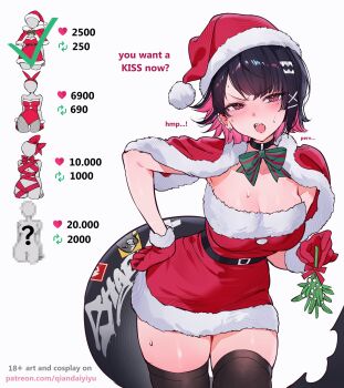 1girl alternate_costume black_choker black_hair black_thighhighs breasts choker commentary ear_piercing ellen_joe english_commentary english_text fins fish_tail fur-trimmed_gloves fur-trimmed_headwear fur_trim gloves hair_ornament hairclip hand_on_own_hip hat highres holding large_breasts mole mole_under_eye open_mouth paid_reward_available patreon_username piercing pink_eyes pink_hair qiandaiyiyu red_gloves red_hat santa_hat shark_girl shark_tail short_hair tail thighhighs twitter_strip_game white_background zenless_zone_zero