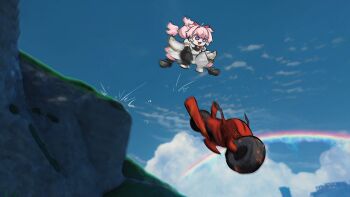 blue_sky commentary day detached_sleeves dress encore_(wuthering_waves) english_commentary game_screenshot_background highres lennykaise motor_vehicle motorcycle open_mouth outdoors pink_hair purple_eyes rainbow screenshot_background sky smile tacet_discord_(wuthering_waves) white_dress wuthering_waves