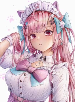 1girl absurdres animal_ears bandaid bandaid_hair_ornament belt black_choker blue_bow blush bow breasts cat_choker cat_ears cat_girl choker cleavage_cutout clothing_cutout collared_shirt commander_kei crossed_bandaids fish_hair_ornament ghost_hair_ornament hair_bow hair_ornament hairclip heart heart_hair_ornament highres indie_virtual_youtuber large_breasts long_hair looking_at_viewer maid maid_headdress o-ring o-ring_choker open_mouth paw_print pink_belt pink_bow pink_eyes pink_hair pink_skirt shirt short_sleeves simple_background skirt solo two_side_up virtual_youtuber white_background white_shirt white_wrist_cuffs wing_hair_ornament wrist_cuffs yuuki_sakuna yuuki_sakuna_(1st_costume)