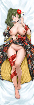 1girl alternate_breast_size_(larger) barefoot breasts cleft_of_venus clothes_lift dakimakura_(medium) fellatio_gesture flower full_body green_hair grin hair_flower hair_ornament highres japanese_clothes kimono kimono_lift large_breasts lifting_own_clothes looking_at_viewer lying nipples on_back on_bed purple_eyes pussy side_ponytail smile solo sousou_no_frieren t3x thigh_gap thighs ubel_(sousou_no_frieren) uncensored