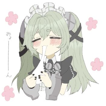 Rule 34 | 1girl, blush, closed eyes, commentary request, corin wickes, cuffs, eating, feesmmsn, flower, green hair, hair between eyes, hairband, handcuffs, highres, maid, screw, simple background, twintails, white background, zenless zone zero