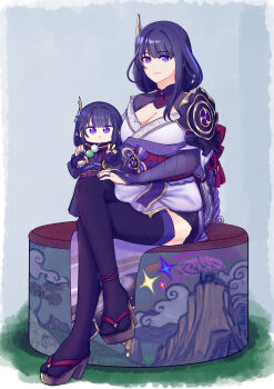 Rule 34 | 2girls, :t, absurdres, aepuru arts, armor, braid, breasts, cleavage, commentary, crossed legs, dango, elbow gloves, english commentary, food, genshin impact, gloves, hair ornament, highres, holding, holding food, japanese clothes, large breasts, long hair, looking at viewer, mother and daughter, multiple girls, nail polish, purple eyes, purple hair, purple nails, raiden shogun, shoulder armor, sitting, sitting on person, thighhighs, v, wagashi