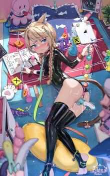 1girl anal anal_beads anal_object_insertion ankle_cuffs ball_gag blur_censor bondage_outfit censored collar crotchless crotchless_leotard dildo dildo_gag egg_vibrator flat_chest gag harness highres hitachi_magic_wand latex leotard liclac loli multiple_penetration object_insertion original pussy_juice sex_toy shiny_clothes thighhighs toeless_thighhighs too_many too_many_sex_toys vaginal vaginal_object_insertion vibrator wrist_cuffs