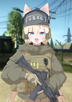 1girl absurdres animal_ears baseball_cap blonde_hair blue_eyes commentary english_commentary english_text escape_from_tarkov fox_ears fox_girl fox_tail gun hat highres holding holding_gun holding_weapon j_h_07 project_[i] ryu_siho solo tail virtual_youtuber weapon yellow_tail