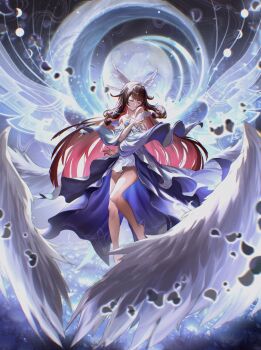 1girl absurdres angel_wings bare_legs bare_shoulders black_hair chester_shinoda closed_eyes closed_mouth collarbone colored_inner_hair columbina_(genshin_impact) commentary_request dress feathered_wings full_moon genshin_impact hair_ribbon highres long_hair long_sidelocks moon moon_phases multicolored_hair multiple_wings oversized_wings pink_hair revision ribbon sidelocks smile solo very_long_hair white_dress white_ribbon white_wings wings