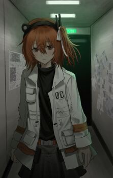 1girl a.i._voice absurdres adachi_rei arms_at_sides belt black_shirt breast_pocket closed_mouth dark double-parted_bangs expressionless gloves grey_shorts hair_between_eyes hair_ribbon hashtag-only_commentary highres indoors jacket medium_hair neex_el one_side_up open_clothes open_jacket orange_belt orange_eyes orange_hair pocket radio_antenna ribbon shirt shorts turtleneck turtleneck_shirt utau white_gloves white_jacket white_ribbon