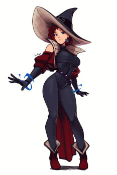 1girl absurdres artist_name belt black_bodysuit black_eyes black_gloves bodysuit boots breasts clothing_cutout collared_jacket commentary covered_navel cropped_jacket earrings english_commentary from_below full_body gloves hat hat_belt highres jacket jewelry large_breasts large_hat looking_at_viewer looking_down nose open_clothes open_jacket original parted_lips puffy_sleeves raichiyo33 red_hair red_jacket short_hair shoulder_cutout signature simple_background solo vial white_background witch witch_hat