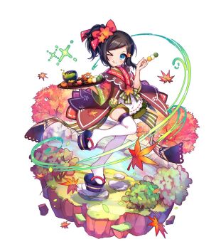 >_o 1girl black_hair blue_eyes blush bow closed_mouth commentary_request cup dango food full_body hair_bow holding holding_food holding_tray iroha_(merc_storia) japanese_clothes kimono leaf licking_lips long_sleeves maple_leaf merc_storia merc_storia_art_team motion_lines official_art okobo one_eye_closed platform_sandals ponytail red_bow river rock sandals sanshoku_dango short_kimono short_ponytail sidelocks simple_background smile solo standing standing_on_one_leg tachi-e tea thighhighs thighs tongue tongue_out tray tree v-shaped_eyebrows w_arms wagashi white_background white_thighhighs wide_sleeves yunomi