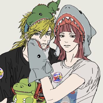 1boy 1girl animal_hat arm_up bandage_on_face bandages black_shirt blonde_hair blue_eyes blue_headband blunt_bangs blush_stickers brown_eyes closed_mouth commentary diego_brando hair_between_eyes hand_puppet hat headband highres hot_pants_(sbr) jaws_(movie) jojo_no_kimyou_na_bouken looking_at_viewer mullet print_shirt puppet red_hair shark shark_hat shirt simple_background steel_ball_run stuffed_animal stuffed_toy symbol-only_commentary t-shirt toy_dinosaur upper_body white_shirt yamamori_(machidaco) yellow_background