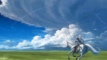 1other ambiguous_gender animal black_boots blue_sky boots bow_(weapon) chinese_commentary cloud cloudy_sky commentary_request cumulonimbus_cloud dated day diffraction_spikes from_behind grey_hair grey_pants grey_shirt highres holding holding_bow_(weapon) holding_weapon horizon horse horseback_riding lightning long_hair meadow mixed-language_commentary original outdoors pants photoshop_(medium) quiver riding scenery shiki_makoto shirt signature sky solo storm summer weapon