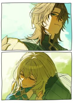 1boy 1girl absurdres bare_shoulders blonde_hair blue_dress blue_eyes blush brown_hair cleavage_cutout closed_eyes closed_mouth clothing_cutout coat curtained_hair dress erass1121 eyelashes facing_to_the_side genshin_impact grey_coat hair_intakes hair_over_one_eye highres leaning_on_person looking_at_viewer looking_down outdoors rerir_(genshin_impact) sidelighting smile split_mouth split_screen sunlight tholindis_(genshin_impact)