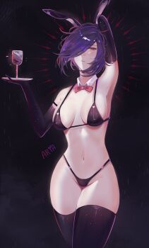 1girl a_r_i_a absurdres alternate_costume animal_ears arm_up armpits artist_name bikini black_bikini black_gloves black_thighhighs bow bowtie breasts closed_mouth cowboy_shot detached_collar elbow_gloves fake_animal_ears gloves groin hair_over_one_eye hand_up highres holding holding_tray kirishima_touka large_breasts navel purple_hair rabbit_ears red_bow red_bowtie red_eyes short_hair stomach swimsuit thighhighs tokyo_ghoul tokyo_ghoul:re tray