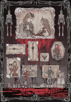 2girls absurdres arms_behind_back baldur's_gate baldur's_gate_3 black_lips black_sclera blood blood_stain bloody_handprints bodysuit book book_stack border braid candle colored_sclera cupboard cuts dagger demon_girl demon_horns demon_tail detached_sleeves dungeons_&amp;_dragons hand_on_another's_neck handprint hanged highres holding holding_dagger holding_detached_head holding_knife holding_sword holding_weapon horns huachandawang injury jacket knife long_hair low-braided_long_hair low-tied_long_hair map medium_hair multiple_girls multiple_views noose orin_the_red ornate_border painting_(object) picture_frame pointy_ears red_bodysuit scroll severed_head single_braid skeleton skull slayer_(baldur's_gate) smeared_blood stab standing sword tail tav_(baldur's_gate) tiefling weapon x_(symbol)