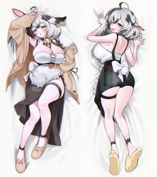 1girl absurdres ahoge animal_ears ankle_strap apron baejjal_(vtuber) bare_arms bare_shoulders bell black_choker black_hair black_skirt blush breasts brown_cardigan brown_eyes cardigan choker cleavage commentary_request commission cow_ears cow_girl cow_tail dakimakura_(medium) dot_nose flower from_behind full_body hair_between_eyes hand_up haze_(7h4ze) highres huge_breasts indie_virtual_youtuber legs long_hair long_sleeves looking_at_viewer looking_down lying mole mole_on_breast multicolored_hair multiple_views neck_bell on_back on_stomach open_cardigan open_clothes open_mouth red_flower ribbon skirt slippers small_sweatdrop tail thigh_strap thighs two-tone_hair virtual_youtuber white_apron white_hair white_ribbon yellow_flower yellow_slippers