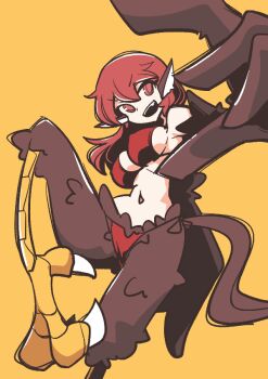 1girl animal_ears bare_shoulders big_o_pants bikini bird_ears bird_legs bird_tail breasts brown_feathers brown_wings commentary_request covered_erect_nipples digitigrade fang feather_fingers feathers fio-chan_(big_o_pants) hair_between_eyes harpy large_breasts monster_girl navel open_mouth original red_bikini red_eyes red_hair sideboob sidelocks simple_background solo swimsuit tail talons winged_arms wings yellow_background