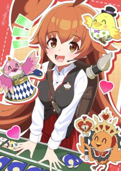 Rule 34 | 1girl, ahoge, backpack, bag, between breasts, bird, black vest, breasts, brown bag, brown eyes, brown hair, card, creature, duel masters, duel masters play's, flute, hands on table, headset, heart, highres, huge ahoge, instrument, kokko rupiko, long hair, name tag, notice lines, open mouth, pleated skirt, recorder, red skirt, shirt, skirt, strap between breasts, teeth, twitter username, vest, white shirt, yukke jan