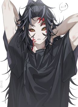 1boy alternate_costume arms_behind_head black_hair black_shirt casual colored_sclera high_ponytail kimetsu_no_yaiba kokushibou long_hair looking_at_viewer male_focus parted_lips ponytail red_sclera sal_gun scar scar_on_face shirt simple_background solo spiked_hair teeth upper_body very_long_hair white_background wide_sleeves yellow_eyes