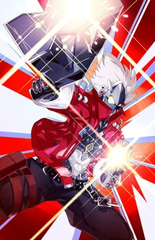 1boy absurdres belt belted_skirt billy_kid black_pants cowboy_shot cyborg dual_wielding gun highres holding holding_gun holding_weapon jacket male_focus open_clothes open_jacket pants red_jacket robot_boy short_hair solo spiked_hair spiked_jacket studded_belt weapon white_hair zenless_zone_zero zeroartwo