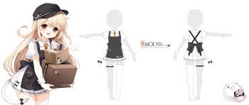 1girl :d apron black_apron black_bow black_hat blonde_hair bow box cardboard_box cat_tail collared_shirt commentary_request flat_cap hair_between_eyes hat highres holding holding_box loading_(verjuice) long_hair multiple_views necktie open_mouth orange_necktie original pleated_skirt red_eyes shirt short_sleeves single_thighhigh skirt smile tail tail_bow tail_ornament thigh_strap thighhighs turnaround very_long_hair white_background white_shirt white_skirt white_thighhighs