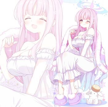 1girl ;) alternate_costume angel_wings between_legs blue_archive blush breasts cake capelet cleavage feathered_wings food frilled_pajamas frills full_body fur-trimmed_capelet fur_trim gradient_halo hair_ornament halo hand_between_legs hand_up large_breasts long_hair looking_at_viewer low_wings mika_(blue_archive) multicolored_halo multiple_expressions nightgown one_eye_closed pajamas pink_hair pink_halo sitting sleepwear slippers smile snowflake_hair_ornament solo subin_(subin_2011) swiss_roll white_nightgown white_pajamas white_rabbit_(animal) white_wings wing_ornament wings yellow_eyes zoom_layer