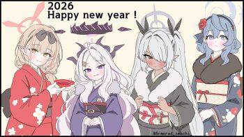 2026 4girls ahoge ako_(blue_archive) armored_omochi black_halo blue_archive blue_eyes blue_hair blush chinatsu_(blue_archive) commentary_request dark-skinned_female dark_skin grey_hair halo happy_new_year highres hina_(blue_archive) iori_(blue_archive) japanese_clothes kimono long_hair medium_hair multiple_girls new_year orange_hair prefect_team_(blue_archive) purple_eyes red_eyes twintails upper_body very_long_hair white_hair