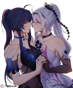 Rule 34 | 2girls, ahoge, bare shoulders, black choker, black dress, black flower, black headwear, blue choker, breasts, choker, closed mouth, commentary, commission, detached sleeves, dress, english commentary, flower, hand on another's back, high ponytail, highres, holding hands, honkai (series), honkai impact 3rd, imminent kiss, interlocked fingers, kiana kaslana, kiana kaslana (herrscher of finality), light blush, looking at another, medium breasts, multiple girls, neck, ponytail, purple nails, raiden mei, second-party source, strapless, strapless dress, tapeanna, twitter username, upper body, white dress, white hair, yuri