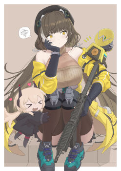 2girls annoyed banana_(girls'_frontline) bare_shoulders black_gloves black_hat black_jacket black_skirt blonde_hair blush breasts brown_hair chibi clothes_pull elbow_gloves frown full_body girls'_frontline girls'_frontline_2:_exilium gloves gun hand_up hat headgear highres holding holding_gun holding_weapon jacket jacket_pull knees_up large_breasts long_hair miniskirt monodrive multicolored_hair multiple_girls off_shoulder open_clothes open_jacket pleated_skirt ro635_(girls'_frontline) sitting skirt solo_focus streaked_hair submachine_gun sweater thighhighs thighs twintails two-tone_hair very_long_hair weapon white_hair yellow_eyes yellow_jacket