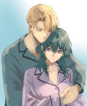 Rule 34 | 1boy, 1girl, absurdres, blonde hair, blue background, blue eyes, blunt bangs, breasts, cleavage, commentary request, couple, dimitri alexandre blaiddyd, female byleth (fire emblem), fire emblem, fire emblem: three houses, green hair, grey pajamas, hair between eyes, hetero, highres, holding hands, light smile, medium breasts, medium hair, nintendo, pajamas, parted bangs, pink pajamas, rino han, short hair, simple background, upper body