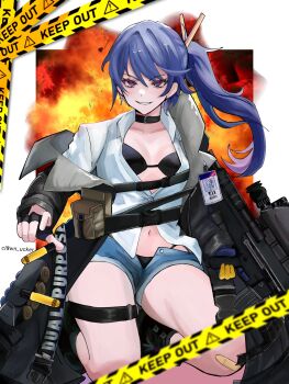 1girl 20x30mm_lv 20x30mm_lv_heab_k167 20x30mm_lv_p_k168 airburst_grenade_launcher airburst_round ammunition anti-materiel_cartridge artist_name assault_rifle bikini bikini_under_clothes black_bikini black_coat black_collar black_gloves blue_hair bolt-action_grenade_launcher bolt_action bullpup burst_fire_gun burst_fire_rifle cannon_cartridge carbine caution_tape clothes_pin clothes_writing coat collar collared_shirt commentary computerized_scope daewoo_k11 denim denim_shorts doosimpshmirtz dress_shirt english_commentary explosion explosive fingerless_gloves fragmentation_grenade fragmentation_warhead girls&#039;_frontline gloves grenade grenade_cartridge grenade_launcher gun high-explosive_airburst_round high-explosive_cartridge highres holding holding_gun holding_weapon id_card k11_(girls&#039;_frontline) keep_out long_hair looking_at_viewer military_cartridge multi-weapon multiple-barrel_gun navel open_clothes open_coat open_fly practice_round precision-guided_firearm precision-guided_munition purple_eyes rifle shirt short_shorts shorts shotgun_shell side_ponytail smart_grenade smart_scope smile solo subsonic_ammunition swimsuit twitter_username underbarrel_assault_rifle underbarrel_rifle weapon white_background white_mouth white_shirt