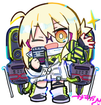 1girl ;d artoria_pendragon_(fate) blonde_hair chibi chibi_only commentary_request fate/grand_order fate_(series) glasses hair_between_eyes hand_up holding holding_microphone jacket kasuga_yuuki looking_at_viewer lowres microphone mysterious_heroine_x_alter_(fate) mysterious_idol_x_alter_(fate) one_eye_closed open_mouth simple_background smile solo sparkle speaker standing waving white_background white_jacket