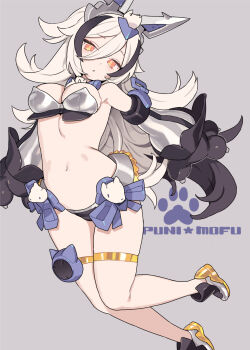 1girl bandeau black_gloves black_hair black_panties black_sleeves blade_(galaxist) blue_bow blue_bowtie bow bowtie breasts cleavage commentary_request detached_sleeves full_body gloves grey_background grey_bandeau grey_shoes hair_between_eyes headgear highres long_hair long_hair_between_eyes long_sleeves looking_at_viewer medium_breasts megami_device midriff multicolored_hair navel official_alternate_color orange_eyes panties parted_lips puffy_long_sleeves puffy_sleeves puni_mofu_lang shoes solo streaked_hair striped_sleeves thigh_strap two-tone_hair two-tone_sleeves underwear very_long_hair white_hair white_sleeves