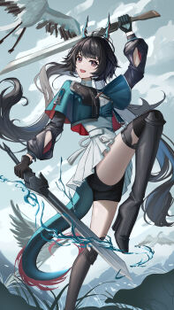 1girl absurdres arknights arknights:_endfield black_boots black_gloves black_hair black_shorts blue_jacket blush boots chen_qianyu_(arknights) commentary cropped_jacket dragon_girl dragon_horns dragon_tail dual_wielding gloves grey_eyes high_heel_boots high_heels highres holding holding_sword holding_weapon horns jacket jiang_wu_(user_wewj7328) knee_boots long_hair looking_at_viewer open_mouth pleated_skirt shirt short_shorts shorts shorts_under_skirt skirt solo standing standing_on_one_leg sword tail twintails weapon white_shirt white_skirt