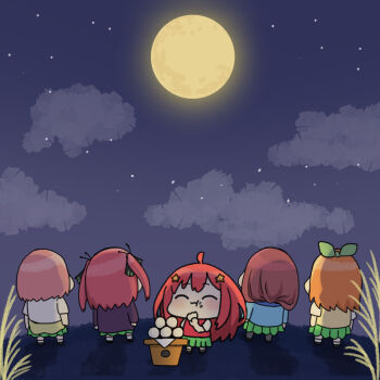 Rule 34 | 5girls, :t, akino ell, black shoes, blue sweater, brown hair, chibi, closed eyes, closed mouth, cloud, commentary request, dango, eating, food, food on face, full moon, go-toubun no hanayome, green skirt, grey pantyhose, hair ornament, holding, holding food, jacket, long hair, moon, multiple girls, nakano ichika, nakano itsuki, nakano miku, nakano nino, nakano yotsuba, night, orange hair, outdoors, pantyhose, pink hair, pleated skirt, purple hair, purple jacket, red hair, sanbou, shirt, shoes, short sleeves, skirt, sky, socks, standing, star (sky), star (symbol), star hair ornament, starry sky, sweater, sweater vest, tsukimi dango, two side up, very long hair, wagashi, wavy mouth, white shirt, white socks