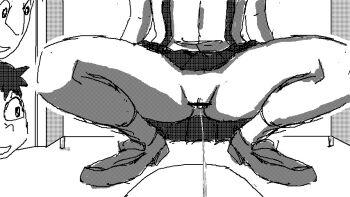 1girl 2boys animated animated_gif bar_censor bathroom censored looking_at_pussy lower_body monochrome multiple_boys no_panties open_mouth original peeing pussy school_uniform shirt shoes short_hair skirt smile socks spread_legs squat_toilet squatting suspender_skirt suspenders the_orz toilet toilet_use