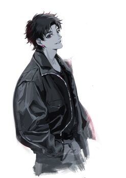 1boy alternate_costume black_hair black_jacket commentary_request cropped_legs earrings greyscale hands_in_pockets highres jacket jewelry looking_at_viewer male_focus momoyoru1 monochrome naruto_(series) naruto_shippuuden open_clothes open_jacket short_hair simple_background smile solo teeth uchiha_shisui undershirt white_background