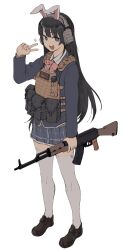 Rule 34 | 1girl, akm, animal ears, arm at side, assault rifle, black footwear, black hair, blazer, blue eyes, blue jacket, blue skirt, bow, bowtie, bulletproof vest, chest rig, commentary request, full body, gun, hand up, headphones, highres, holding, holding gun, holding weapon, jacket, kalashnikov rifle, kemonomimi mode, loafers, long hair, long sleeves, looking at viewer, microphone, nijisanji, open mouth, pink bow, pink bowtie, plaid, plaid skirt, pleated skirt, rabbit ears, rifle, school uniform, shoes, sigama, simple background, skirt, smile, solo, sparkle, standing, thighhighs, tsukino mito, tsukino mito (1st costume), v, virtual youtuber, weapon, white background, white thighhighs