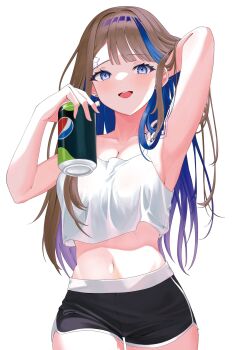1girl absurdres airi_kanna armpits black_shorts blue_eyes blue_hair breasts brown_hair can cleavage colored_inner_hair commentary cowboy_shot crop_top dolphin_shorts drink_can earrings eldaga english_commentary hand_in_own_hair hands_up highres holding holding_can jewelry large_breasts looking_at_viewer midriff multicolored_hair navel open_mouth parted_bangs pepsi pom_pom_(clothes) pom_pom_earrings short_shorts shorts simple_background smile soda_can solo standing stellive streaked_hair tank_top virtual_youtuber white_background white_tank_top