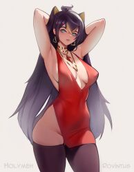 Rule 34 | 1girl, absurdres, armpits, arms up, bare shoulders, black hair, black thighhighs, blonde hair, blue eyes, breasts, collaboration, commentary, crossed bangs, dangle earrings, dark-skinned female, dark skin, dehya (genshin impact), dress, earrings, english commentary, gem, genshin impact, gold choker, hair between eyes, hair ears, highres, holy meh, jewelry, large breasts, long hair, looking at viewer, multicolored hair, necklace, no panties, parted lips, red dress, red gemstone, rovintus, skindentation, solo, streaked hair, thighhighs, thighs, toned female, two-tone hair, very long hair, white background, yellow pupils