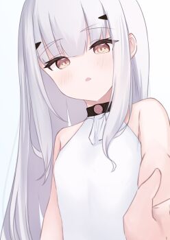 1girl absurdres bare_arms bare_shoulders blush breasts brown_eyes commentary_request fate/grand_order fate_(series) grey_hair highres long_hair looking_at_viewer melusine_(fate) one-piece_swimsuit parted_lips riya_(01214) small_breasts solo swimsuit upper_body white_one-piece_swimsuit