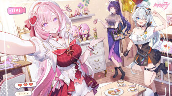 3girls :d bare_shoulders black_bag black_boots black_dress black_skirt black_socks blue_eyes boots breasts character_doll collarbone commentary copyright_logo crop_top doll dress eden_(honkai_impact) elysia_(herrscher_of_human:_ego)_(honkai_impact) elysia_(hi_love_elf)_(honkai_impact) elysia_(honkai_impact) elysia_(miss_pink)_(honkai_impact) elysia_(miss_pink_elf)_(honkai_impact) english_commentary grey_hair hair_ornament hand_up heart heart_hair_ornament highres honkai_(series) honkai_impact_3rd indoors kevin_kaslana kiana_kaslana large_breasts livestream logo long_dress long_hair looking_at_viewer mobius_(honkai_impact) multicolored_hair multiple_girls official_alternate_costume official_art one_eye_closed open_mouth pardofelis parted_lips photo_(object) pink_dress pink_hair pointy_ears ponytail purple_dress purple_eyes purple_hair purple_skirt raiden_mei shirt shirt_over_dress short_sleeves single_strap skirt smile socks standing standing_on_one_leg streaked_hair two-tone_dress v white_dress white_hair white_shirt wooden_floor yae_sakura