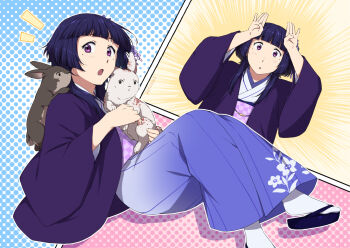 1girl absurdres animal artifedex blue_hair blue_kimono blunt_bangs checkered_clothes commentary english_commentary gradient_clothes halftone halftone_background haori highres holding holding_animal japanese_clothes kimono obi original purple_eyes purple_haori rabbit sandals sash short_hair socks white_socks