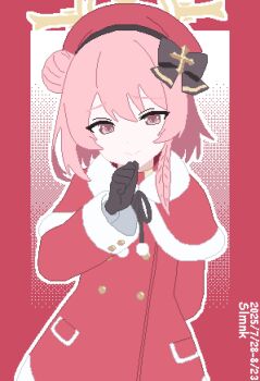 Rule 34 | 1girl, black bow, black gloves, blue archive, border, bow, capelet, closed mouth, commentary, cowboy shot, dress, fur-trimmed capelet, fur trim, gloves, hair bow, hair bun, halo, hand up, hat, highres, looking at viewer, official alternate costume, outside border, pink eyes, pink hair, pixel art, red border, red capelet, red dress, red hat, serina (blue archive), serina (christmas) (blue archive), short hair, single hair bun, slmnk10124, smile, solo, split mouth, yellow halo