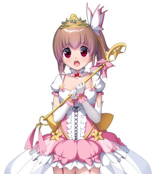 1girl :o bow breasts brown_hair choker cowboy_shot dress elbow_gloves frills game_cg garter_straps gloves hair_ornament highres holding holding_wand jewelry large_variant_set looking_at_viewer lunatic_angel magical_girl nanao_(mahaya) non-web_source ochite_iku_seisenshi_lunatic_angels official_art open_mouth pink_bow pink_dress pink_hair pink_thighhighs puffy_short_sleeves puffy_sleeves red_eyes shindou_makina short_sleeves side_ponytail simple_background skirt solo standing surprised thighhighs tiara transparent_background variant_set wand white_gloves white_thighhighs wide-eyed zettai_ryouiki