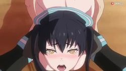 1boy 1girl animated arm_support ass bent_over black_hair blush bottomless bouncing_ass bouncing_breasts breasts censored clothed_female_nude_male collar cum cum_in_pussy cum_on_body cum_overflow cumdrip doggystyle ejaculation en&#039;en_no_shouboutai from_behind from_below hetero jacket jiggle jxh33 large_breasts looking_back lowres lying moaning mosaic_censoring nipples nude on_ground on_stomach oolay-tiger_(voice_actor) open_clothes open_jacket open_mouth penis prone_bone pussy pussy_juice sex sex_from_behind sound tamaki_kotatsu twintails video yellow_eyes